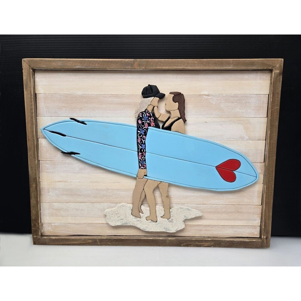 3D Layered Wood Surfboard Surfing Beach Couple Wall Art Framed Handmade 16”